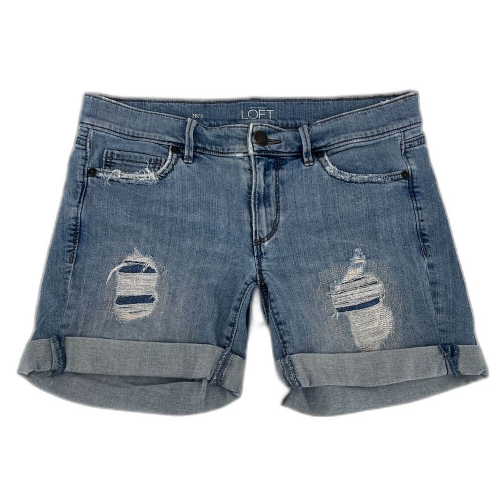 Ann Taylor Loft Denim Jean Shorts Light Wash Distressed Roll Cuff Casual Sz 26/2